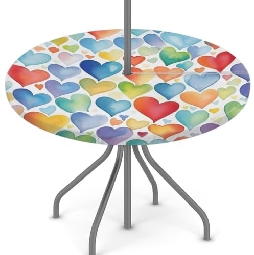 Woltant Nappe ronde avec trou de parasol et fermeture éclair facile à nettoyer avec bords élastiques - Protection de table d'extérieur pour jardin, terrasse, barbecue (Saint-Valentin colorée)