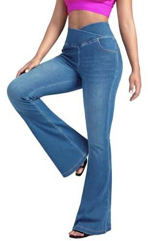BlueRose Flare Jean for Women,Bell Bottom Jeans for Women Knit Crossover High Waisted Bootcut Jean Blue