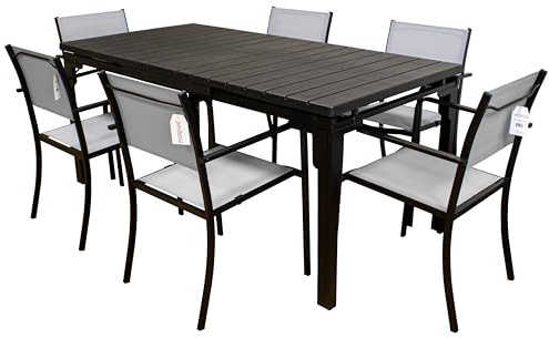 Set Tavolo Allungabile Oregon+ da Esterno/Interno con Struttura in Metallo e Doghe Effetto Legno + 6 Sedie Impilabili Granada Grigio – Design Moderno e Resistente