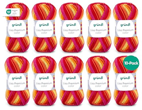 Gründl Lisa Premium Color, 10 x 50 g, Pink-Orangerot | Garn zum Stricken mit Farbverlauf - Häkelgarn - Weich und hautfreundlich - 100 % Polyacryl 50 g / 133 m -Nadelstärke 3,5-4,5
