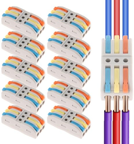 AEDIKO 10pcs Lever Wire Connectors 3 IN 3 OUT Quick Wiring Cable Connector 3 Way Compact Wire Terminal Block for 28-12 AWG, 28-14 AWG