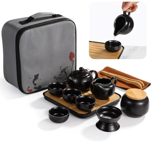 YOFAPA Porcelain Chinese Gongfu Tea Set, Portable Travel Teapot Set with 360°Rotation Tea Maker and Infuser, Ceramic All in One Gift Bag for Home, Office, Travel, Gifting, Magic Teapot Kit (Black)