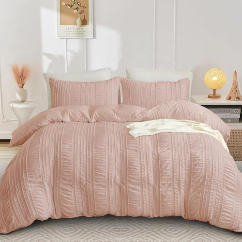 Guchuang Bedding GC02AQ082491D3-B - Set copripiumino matrimoniale in seersucker, colore: rosa