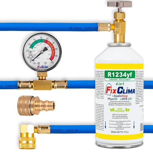 FixClima Gaz Réfrigérant R1234YF pour Systèmes de Climatisation Automobiles depuis 2016 - Kit 4en1 avec Manomètre et Détection UV