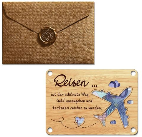Geldgeschenk Reise, Wunscherfüller Geldgeschenk Verpackung aus Holz, Geldgeschenke Geburtstag Grußkarte für Freund, Glückwunschkarte für Damen Herren Brautpaar Feier Reisekasse Geburtstag Hochzeit