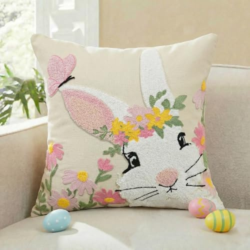 AVOIN colorlife Easter Spring Rabbit Floral Embroidered Throw Pillow Cover, 18 x 18 Inch Butterfly Bunny Tufted Patterned Linen Decoration Cushion Case for Sofa Couch