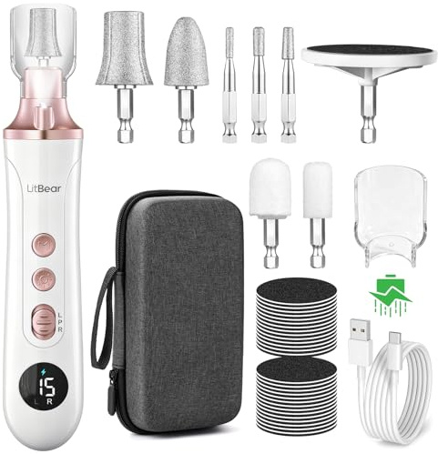 Litbear Electric Nail File for Hand Feet Care, 15 Speed Professional Nail Drill for Thick Toenails, Cordless Pedicure Sets for Feet for Women Men Senior, Home Salon Use