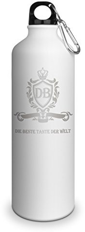 Trinkflasche mit Namen Beste Tante der Welt - graviert mit Wappen Monogramm, Aluminiumflasche mit Gravur, Sportflasche - matt weiß