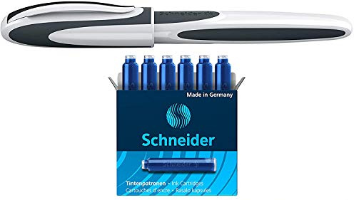 Schneider Patronenroller Ray (Tintenroller mit Edelstahlspitze, inkl. 1 Packung Tintenpatronen blau, Made in Germany) (weiß/grau)