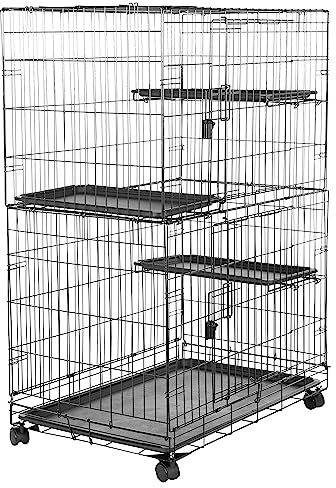 Amazon Basics 3-Tier Large Cat Playpen, Durable and Pliable cat Cage Box Crate Kennel, Black, 91 cm L x 56 cm W x 130 cm H