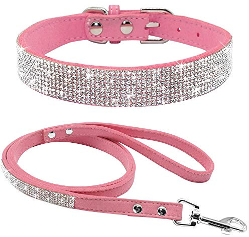 haoyueer Hundehalsband aus weichem Wildleder, schillernd, funkelnd, elegant, ausgefallen, mit Strasssteinen besetzt, für Haustiere, Welpen, Katzen, Hunde, Kombi-Set mit Leine (M, Rosa)