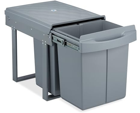 Relaxdays Pattumiera Estraibile, 3 Bidoni Raccolta Differenziata Sottolavello, 20 L, 2x 10 L, 41,3x34x51,8 cm, Grigio