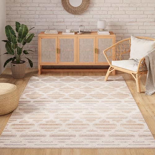 TAPISO Patio Alfombra de Pelo Corto Exterior Interior Resistente Moderna Efecto 3D Beige Crema Gris Alfombra de Salón Terraza Cocina Habitación Balcón Oeko-Tex 160 x 220 cm