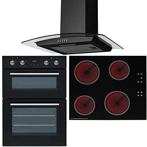 SIA DO102 60cm Black Built In Double Electric True Fan Oven & CERH60BL 4 Zone Touch Control Electric Ceramic Hob & CGH60BL Curved Glass Cooker Hood