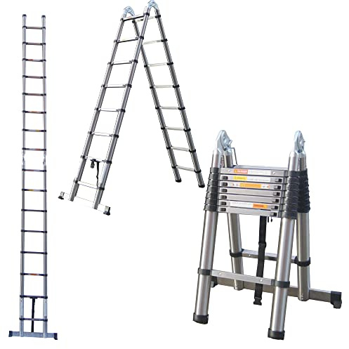 5M 16.5ft A Frame Telescopic Folding Ladder Stainless steel Extendable Extension Foldable Portable Steps Ladders Indoor Outdoor 330lbs Load Capacity