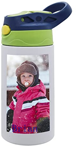 Borraccia personalizzata per bambini con foto/testo, in acciaio inox, con cannuccia isolata sottovuoto, 350 ml, per scuola, picnic, viaggi, sport, regalo per compleanno e Natale