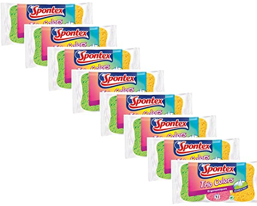 Spontex Paquete de 8 paquetes de 3 esponjas vegetales de colores Trio Colors – 24 esponjas