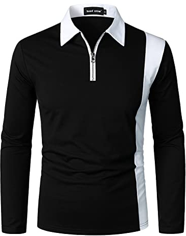 HOOD CREW Men’s Long Sleeve Polo Shirts Golf Shirt Casual Contrasting Color Tennis Top