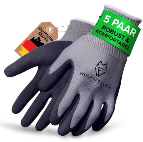 WOLFSFELLER Premium Arbeitshandschuhe Gr. 8 | 5 Paar Robuste & Komfortable Montage-Handschuhe Damen | Mit Langlebiger Nitril-Beschichtung