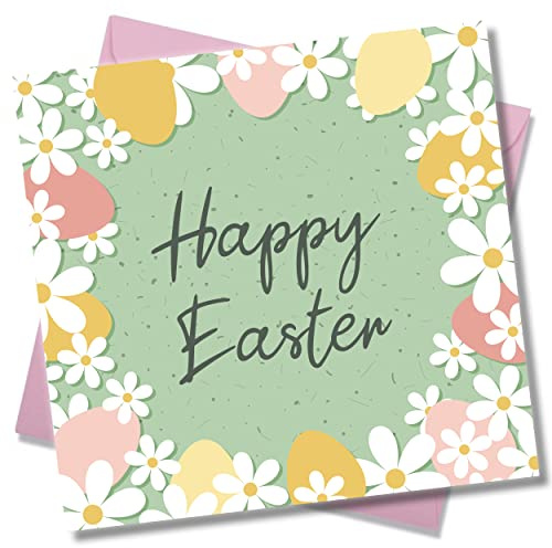 Punkcards - Happy Easter Karte – Osterwünsche Grußkarte – Aquarell Blumen – Religiöser Osterglauben – für Freunde oder Familie