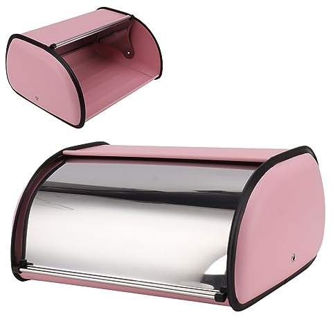 Caja de Pan Contenedor de Almacenamiento de Pan, Contenedor de Almacenamiento de Pan de Encimera de Cocina Rosa con Tapa Superior Enrollable de Brillo de Espejo para Tienda de