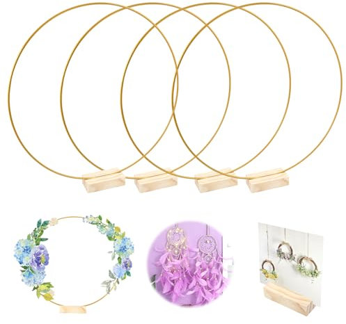 4 Pezzi Oro Anelli Metallo Floreale con Supporto, 30cm Centrotavola a Cerchio Floreale in Metallo per Tavolo Centrotavola Matrimonio Cerchio Ghirlanda Floreale in Metallo, per Acchiappasogni, Nuziali