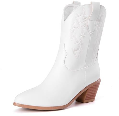 Femmes Western Bottes de cow-boy with Embroidered Mode Rétro Classique Basic Mid Calf Wide Calf Bottes Cowgirl pour femme Filles Dames Blanc Taille 34