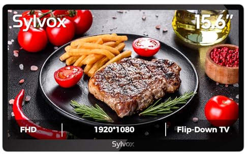 SYLVOX 15.6 Flip-Down TV for Under Cabinet, 12-Volt Small TV with 90-Degree Rotation, Digital Noise Reduction, and Storage Design for Kitchen, Bedroom, RV, and Yacht