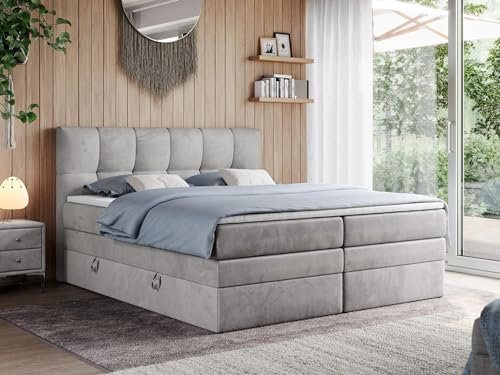 MKS MEBLE King Boxspringbett 200x200, Polsterbett 200x200 mit Bettkasten, Bett 200x200 mit Multipocket-Matratze H4, Boxspringbett 200x200 mit Kopfteil und Topper - H4 Hellgrau Velvet - Alvin