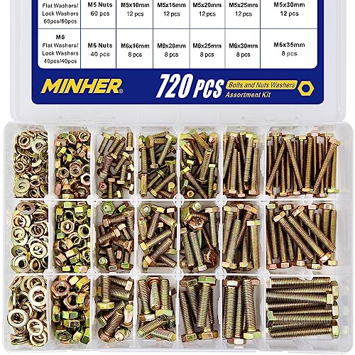 MINHER M4 M5 M6 720 Stück Sechskantschrauben mit Außensechskant und Muttern Unterlegscheiben set 8.8 Verzinkter Legierter Stahl