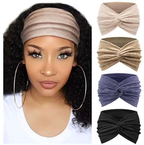 DRESHOW 4 Stück Damen Stirnband Elastische Weiche Stirnbänder Kopfband Haarband Kopf Wickeln Niedlich Haarschmuck für Alltag Yoga Sport Fitness