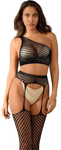 Bommi Fairy Damen-Schrägschen-Gestreifter Anzug Sexy Bauchfrei Outfit Dessous Top+Hosenträger Lingerie-Set Fischnetz-Body-Strumpfhose (Schwarz)