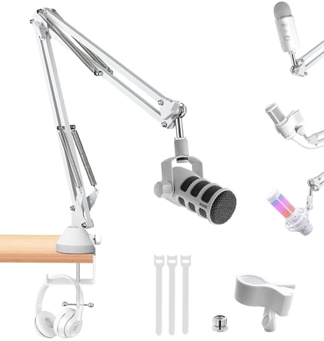 White Mic Boom Arm Stand for compatible with Rode PodMic and Shure MV7+ white,HyperX QuadCast Solocast,Blue Yeti white microphones