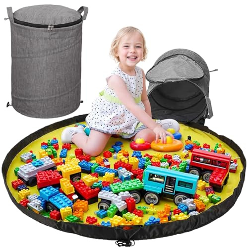Lighterday Spielzeug Aufbewahrungkorb mit Spielteppich Aufräumsack,StoffKorb Aufbewahrung Groß 34X42CM,Spielzeug Korb mit Henkel für Bauklötze Stofftier Aufbewahrung,Aufbewahrungskörbe (Grau)