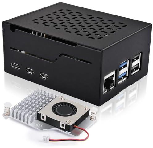 Miuzei Metallgehäuse für Raspberry Pi 5, Active Cooler, 1-Schrauben-Montage | Eisen-Gehäuse für Pi 5 + Lüfter + NVMe, für X1001/X1003/X1000/N04/N05, passgenau, Hitzestau-frei, inkl. Zubehör