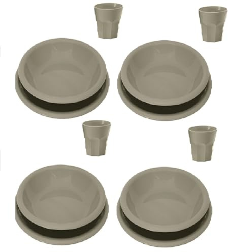 Set Piatti e Bicchieri in Plastica Dura per 4 Persone 8 Piatti 4 Bicchieri Colore Grigio Caldo Perfetto per Campeggio, Camper e Roulotte gite montagna mare