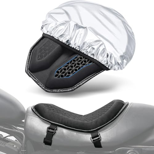 Benlari Motorcycle Seat Cushion with Sunshade Cover, Motorcycle Gel Seat Pad Large 3D-Honeycomb Structure TPE Shock Absorption and Breathable for Long Rides