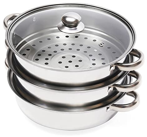 Set di pentole a vapore in acciaio inox a 3 ripiani, adatte a induzione, con coperchio in vetro e 3 strati, 28 cm, per verdure/carne/riso, fornello a vapore multifunzione