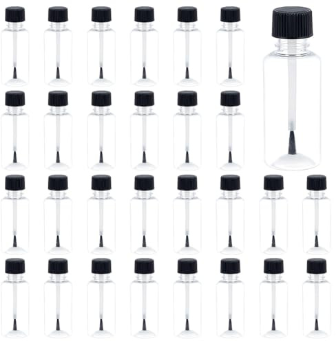 BENECREAT 30 Pcs 30ml/1oz Clear PET Nail Polish Bottles, Empty Refillable Nail Polish Containers with Brush Cap for Cosmetics, Cream, Lotion, Glue, Paint