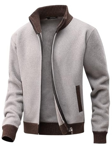 CoXuantion Strickjacken für Herren Pullover mit Reißverschluss Langarm Stehkragen Fleecejacke Gestrickt Cardigan Winter Übergangsjacke Warm Feinstrickjacke L,Khaki