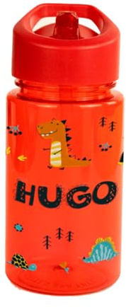 DEREGALOOS Botella Infantil Dinosaurios Personalizada con Nombre. 440 ml sin BPA. Bidón Escolar con Pajita, Asa y Tapón Plegable. Regalo Vuelta al Cole Niños. Azul, Rojo o Amarillo (ROJO)