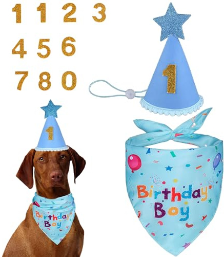 GWAWG Hunde Geburtstag Hut Bandana Set – 3 Stücke Geburtstag Set mit 0–9, Hund Geburtstag Halstuch Partyhut Geburtstagsdeko für Hunde Katzen – Hundegeburtstags Geschenk für Hundeparty Deko Blau