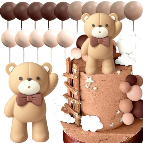 Teddy Bear Cake Decoration, Baby Shower Bear Cake Topper | Mini Balls Cake Toppers, Teddy Bear Cupcake Toppers Brown Foam Ball Pearl Ball for Baby Shower Birthday Party Supplies