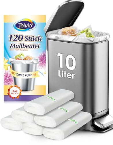 Teivio 10L Kleine Müllbeutel, 120 Stück, Dicke Transparente Kunststoffbeutel, Passend für 7,5–10L Mülleimer, Ideal für Badezimmer, Küche, Büro