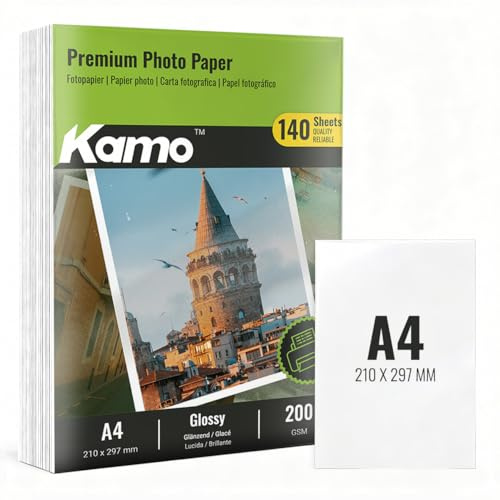 Kamo Fotopapier A4 Glänzend, 200 g/m², 140 Blatt, für Tintenstrahldrucker, schnelltrocknend, ideal für Familienfotos, Urlaubsbilder, Fotoalben und kreative Projekte
