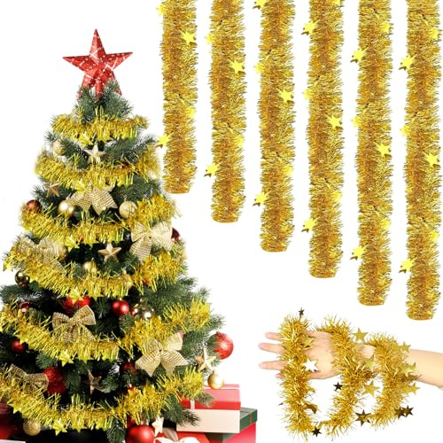 Forbabe 6 Stück Weihnachten Lametta Girlande, 2M Weihnachtsgirlande Gold Weihnachtsbaum Deko Girlande mit Sternen Wiederverwendbar Christbaumschmuck Lametta für Karneval Hochzeit Geburtstag Party
