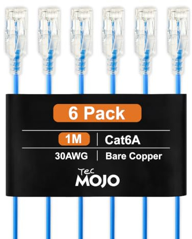 Tecmojo Cat6A Ethernet Cable, 1m Patch Cable 6 Pack 30AWG Ultra Thin 10 Gbps RJ45 Pure Copper Core LSZH Network Patch Cord for Router Modem Patch Panel Faster Than Cat6 Cat5e and Cat5, Blue