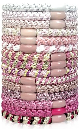 Sularpek Haargummi Damen 15 Stück Pink Series Haargummis Mädchen, Sanfte Geflochtene Zopfgummis ohne Metall, Schonend für Locken und Glattes Haar, Ideal für Sport Party Alltag