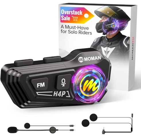 Moman Motorcycle Helmet Speakers-1000mAh Strong Battery Motorbike Helmet Headset Dual Noise Reduction with Hi-Fi Soft/Hard Mic/IPX6/RGB/FM/Music Control/AI Voice/Headphone for Solo Riding (H4P)