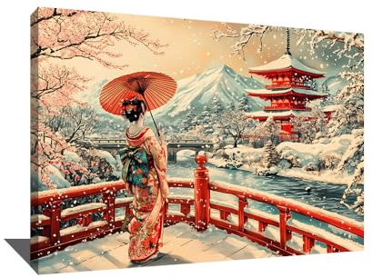 Alessio Cacciatore Tableau Geisha Japonaise - Impression Sur Toile Paysage Hiver - Décoration Murale Chambre Zen - Tableau Branche De Cerisier Japonais en Fleurs - Déco Temple Japonais (40x30cm)